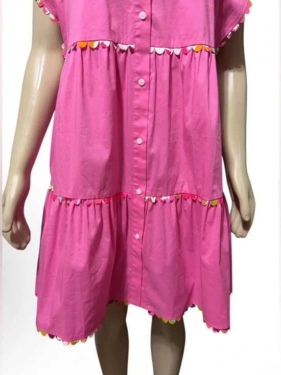 Crosby by Mollie Burch Sz S Whitley Dress Pink Bubblegum Tiered Ruffle Pom Trim - Picture 7 of 12